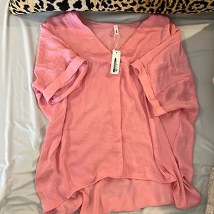 Pink V neck hi low top with cuff sleeves/ silk feel